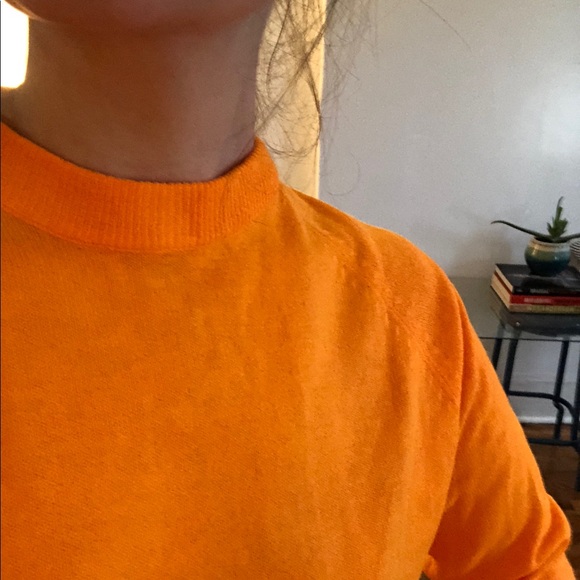 Vintage 60s Mod Bright Orange 3/4 Sleeve Mock Turtle Neck Lightweight Sweater S - Picture 8 of 10